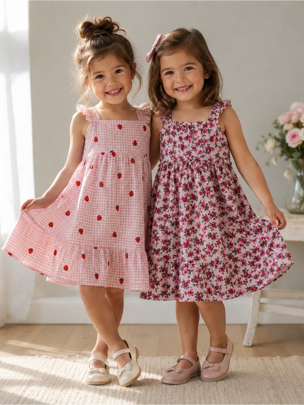 🍓Girls Pink Floral Ruffle-Strap Dress pack of two